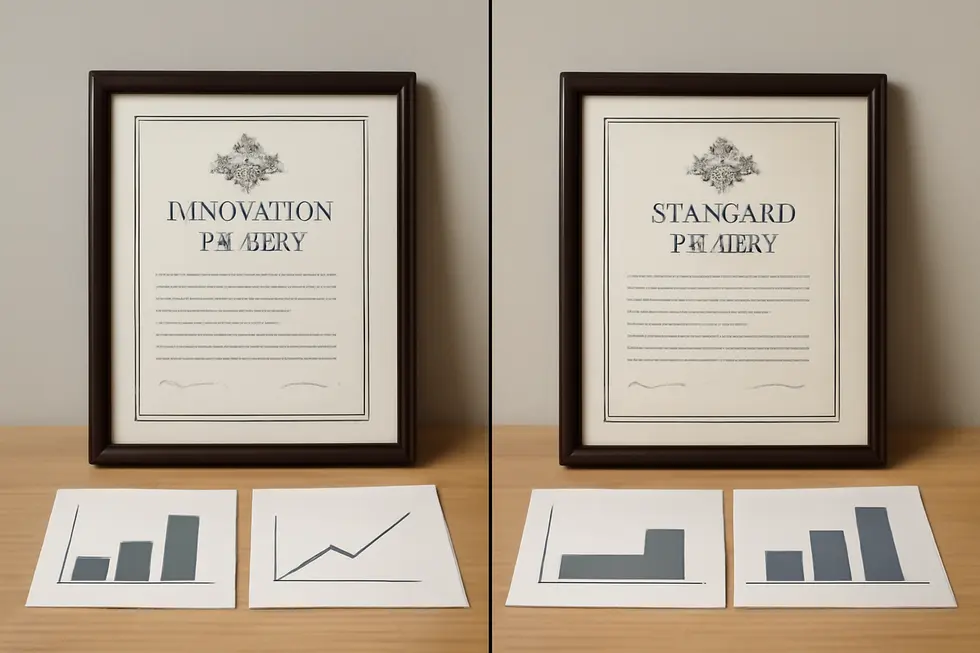 A patent attorney reviewing innovation patent documents with a business owner, illustrating the legal aspects of patent protection.