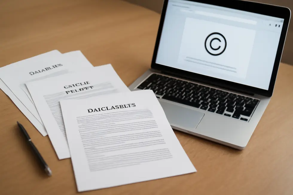 Business owner reviewing the significance of a copyright message on a website to protect digital content.