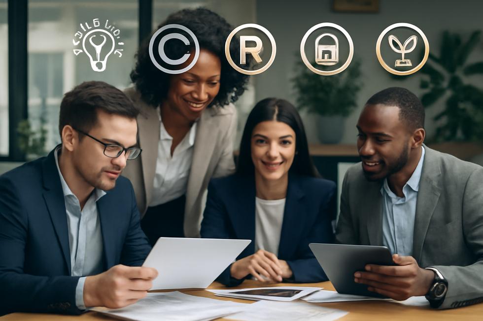Business professionals working together with digital icons representing different intellectual property rights.