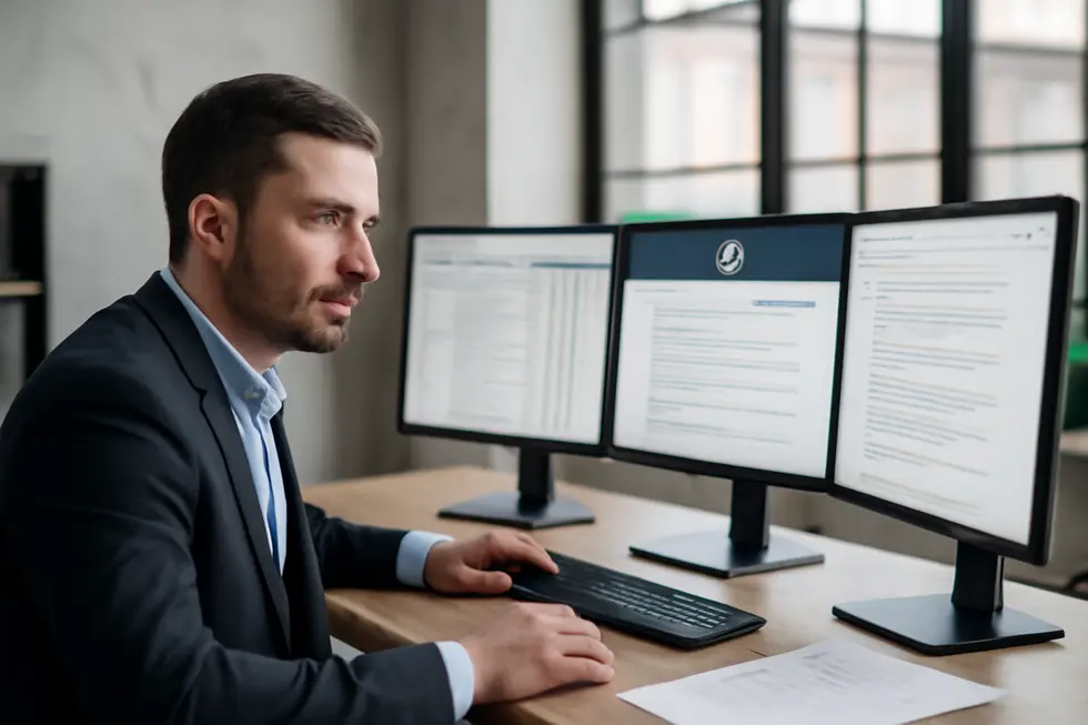 A business owner carefully searching databases to confirm company name availability and uniqueness.