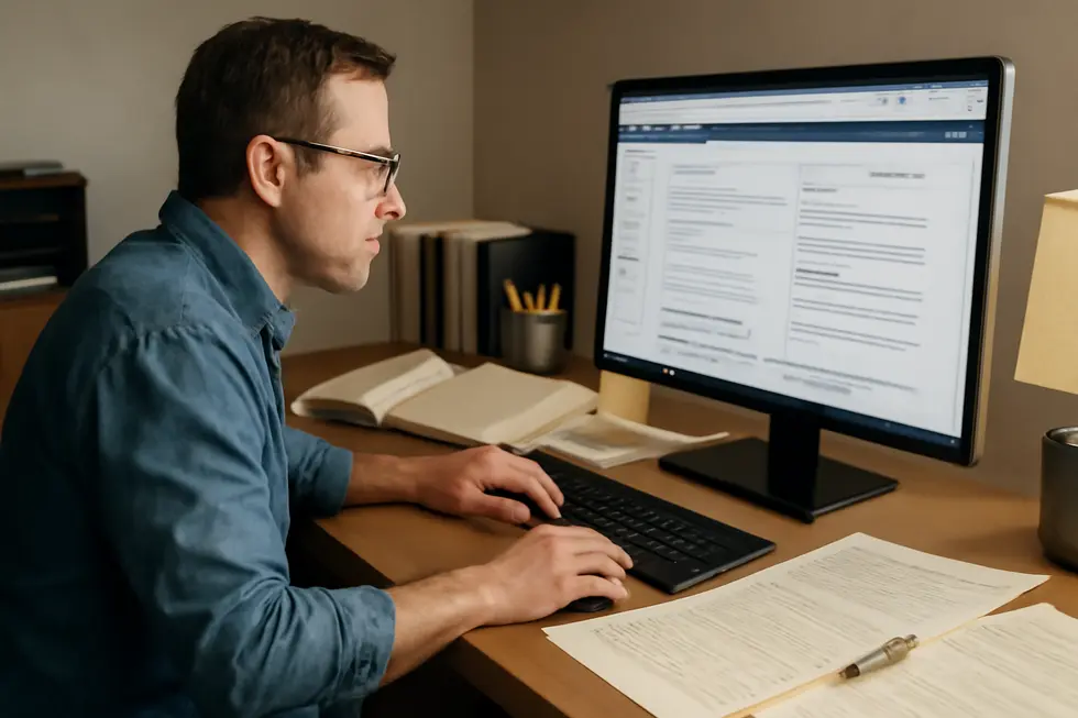Business owner conducting a thorough trademark search online to ensure their business name is available for registration.
