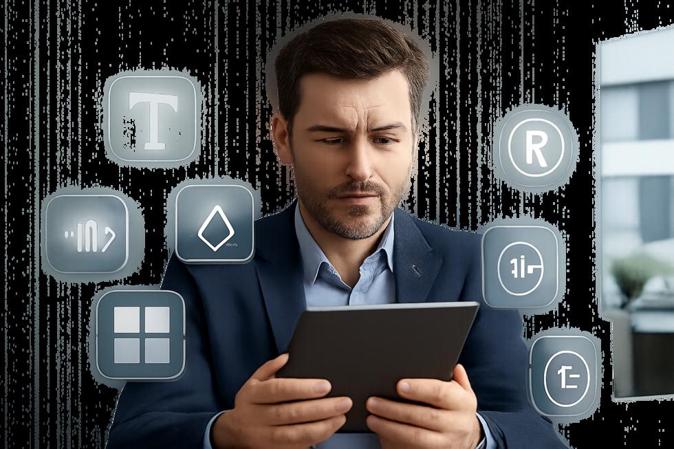 Business owner reviewing multiple trademark types and symbols on a digital device in a modern office environment.