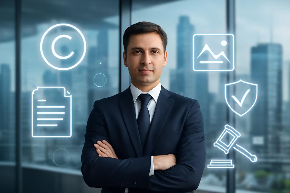 Businessperson in office with floating digital copyright and legal icons symbolizing protection of intellectual property.