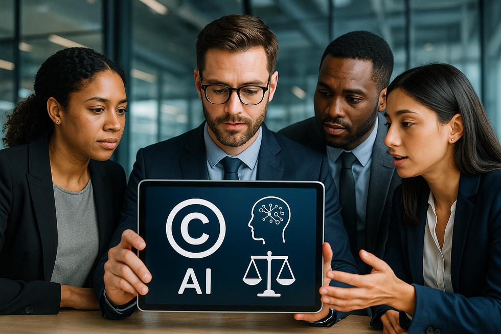 Diverse business team working with digital content icons representing copyright, fair use, and AI innovation in a modern office.