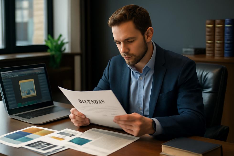 Professional reviewing copyright documents and creative business materials in a modern office space.