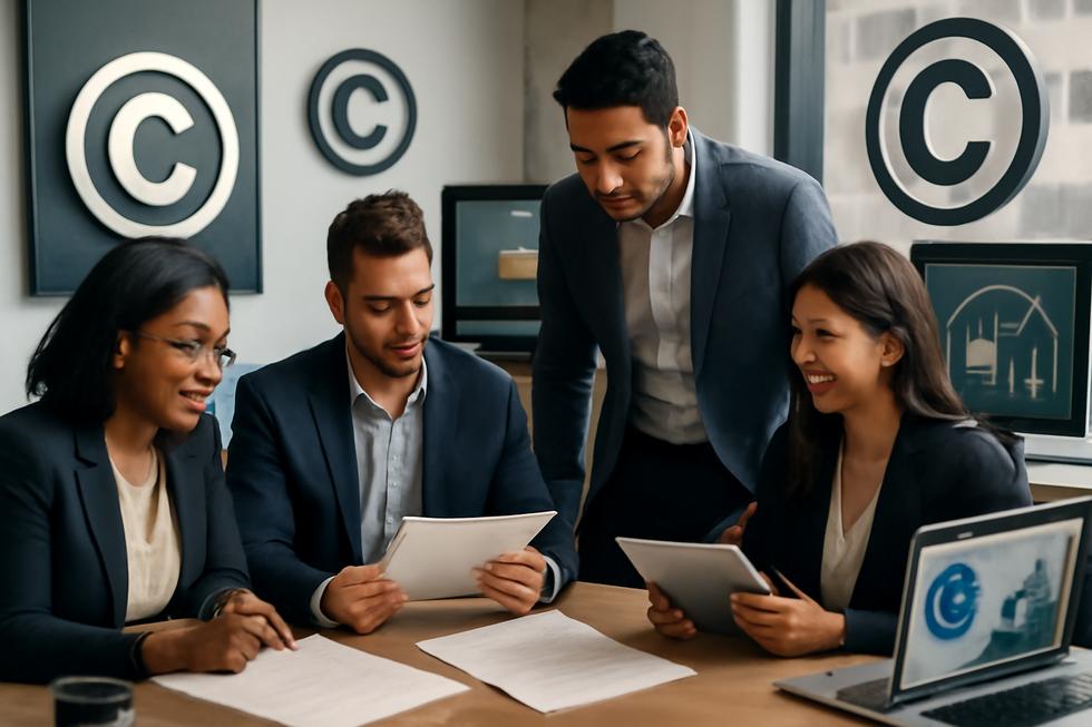 Group of business professionals in an office environment with copyright symbols, legal papers, and digital creative content.