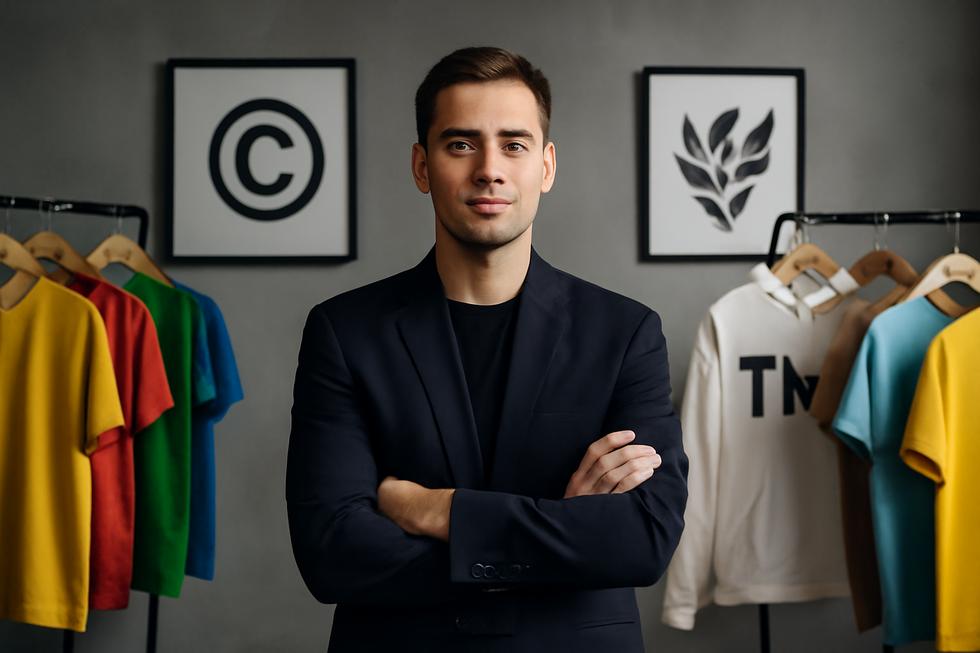 Female fashion entrepreneur standing in a design studio surrounded by clothing and artwork symbolizing brand and copyright protections.