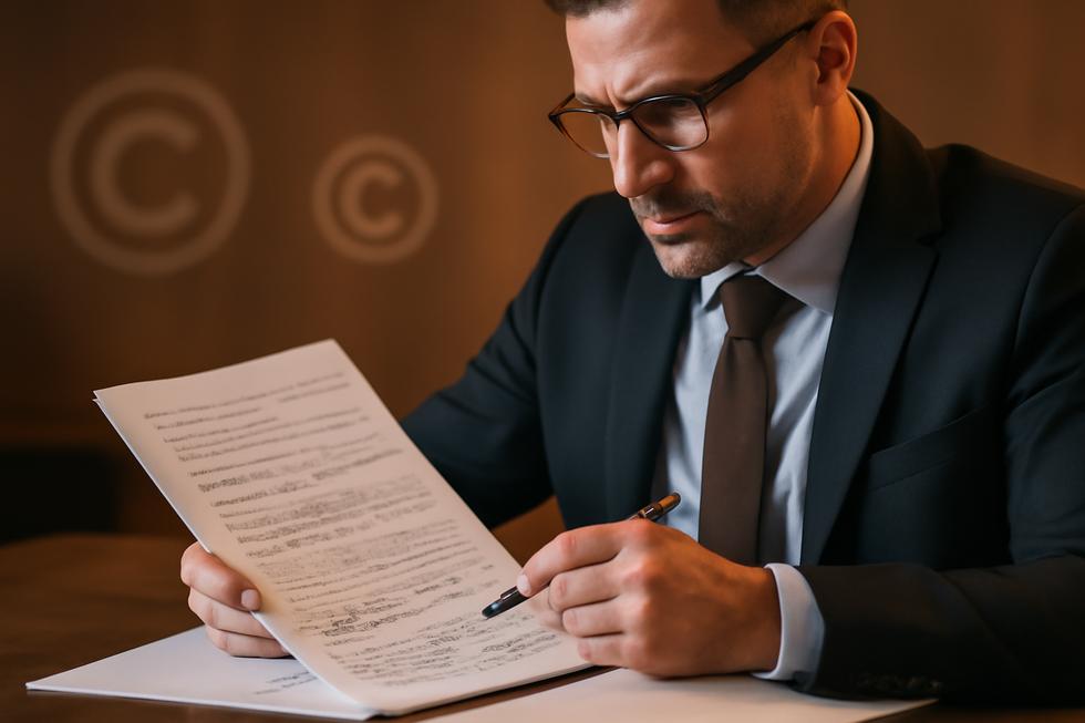 Business executive reviewing contract documents with visual emphasis on copyright symbols and original text.