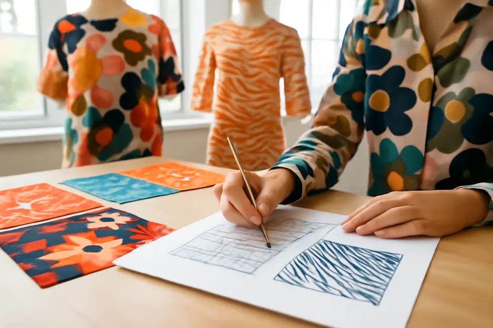 Business owner reviewing trademark documents to secure brand identity in the clothing industry.