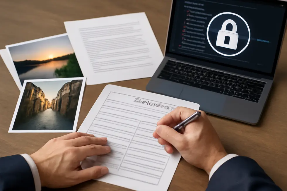 Business owner assessing copyrighted materials alongside legal documents in a professional setting.