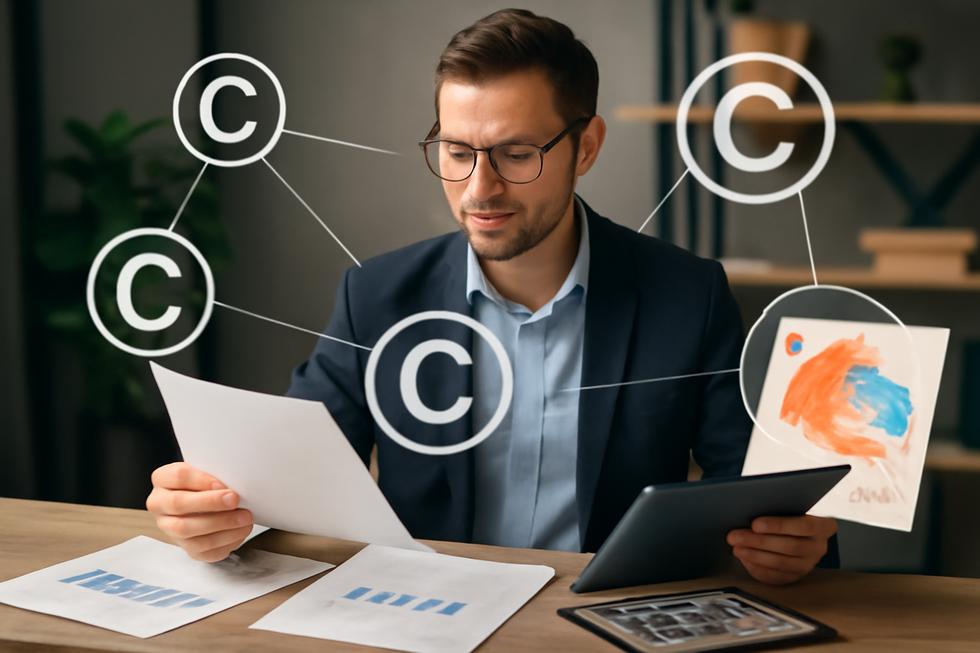 Photo of a business owner reviewing documents and digital files with copyright symbol overlays, symbolizing legal protection of creative assets.