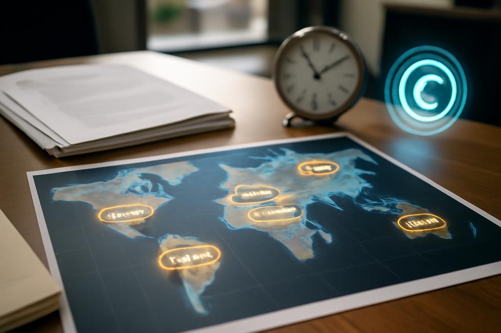Photo-realistic image of a global map with copyright timelines highlighted, legal documents, and a copyright symbol.