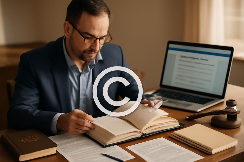 Photo-realistic image of a business owner reviewing book copyright details with legal and publishing materials on desk.