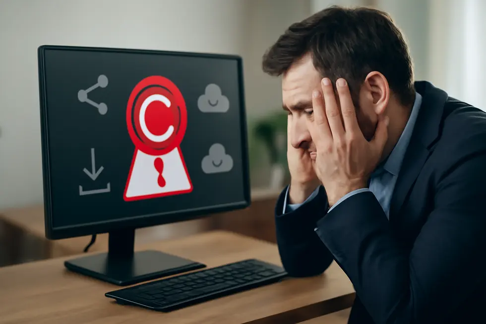 Business owner assessing copyrighted materials alongside legal documents in a professional setting.