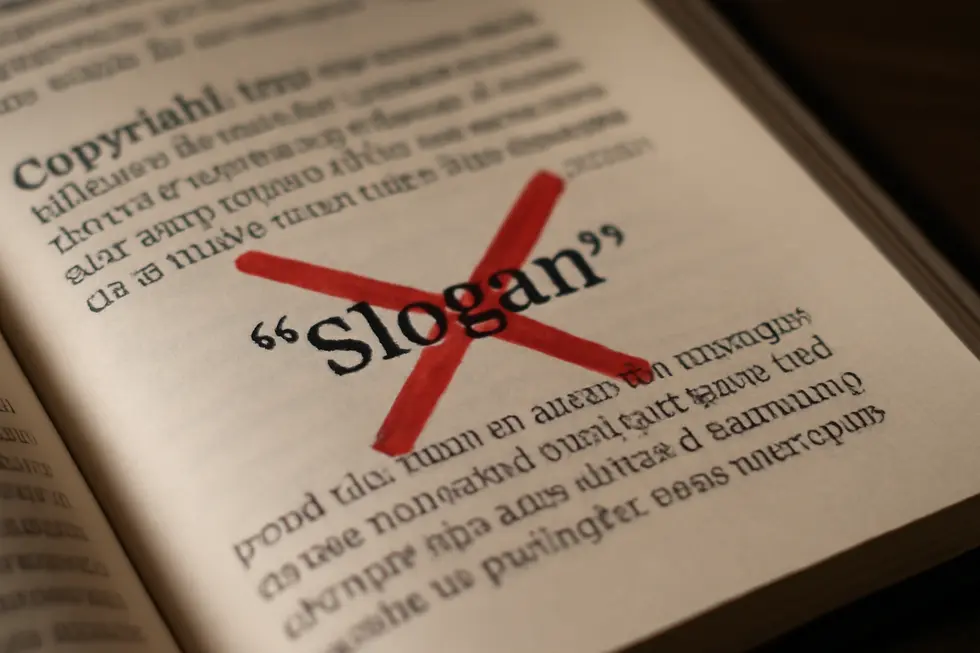 Visual comparison between copyright protection for creative works and trademark protection for slogans and brand identifiers.