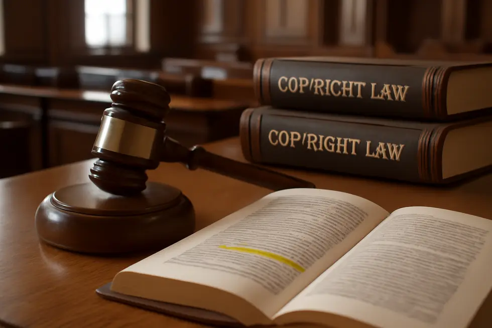 Legal texts and courtroom imagery illustrating the foundational copyright principles explaining why titles cannot be copyrighted.