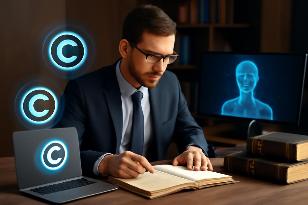 Business professional at a desk with copyright symbols, AI art, legal books, and digital avatars symbolizing copyright law and technology.