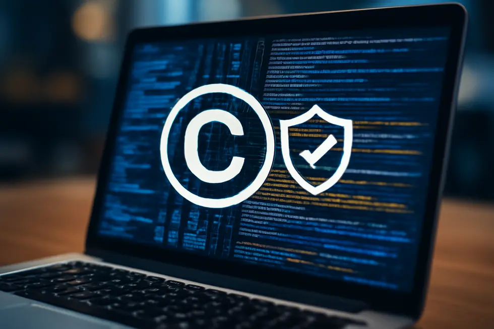 A webpage footer featuring a precise copyright notice illustrating the standard format.