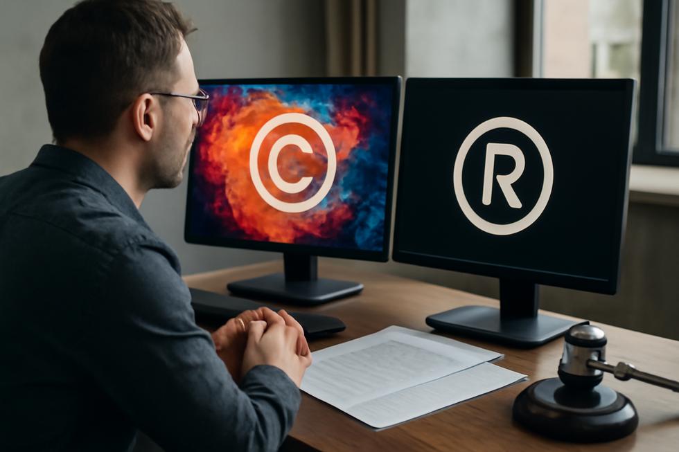 Business owner examining creative artwork and logo with legal documents and a gavel in the background representing intellectual property protection.