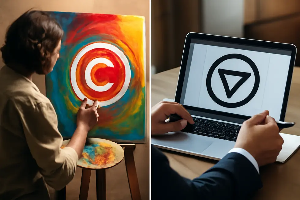 Visual contrast illustrating fundamental differences between copyright (creative works) and trademark (brand identity).
