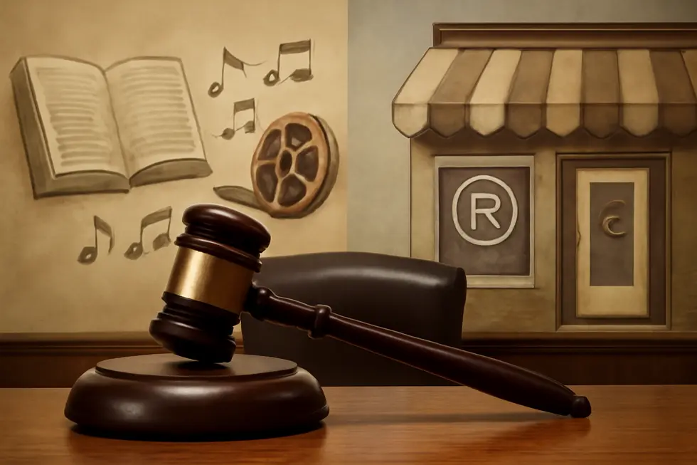 Visual contrast illustrating fundamental differences between copyright (creative works) and trademark (brand identity).