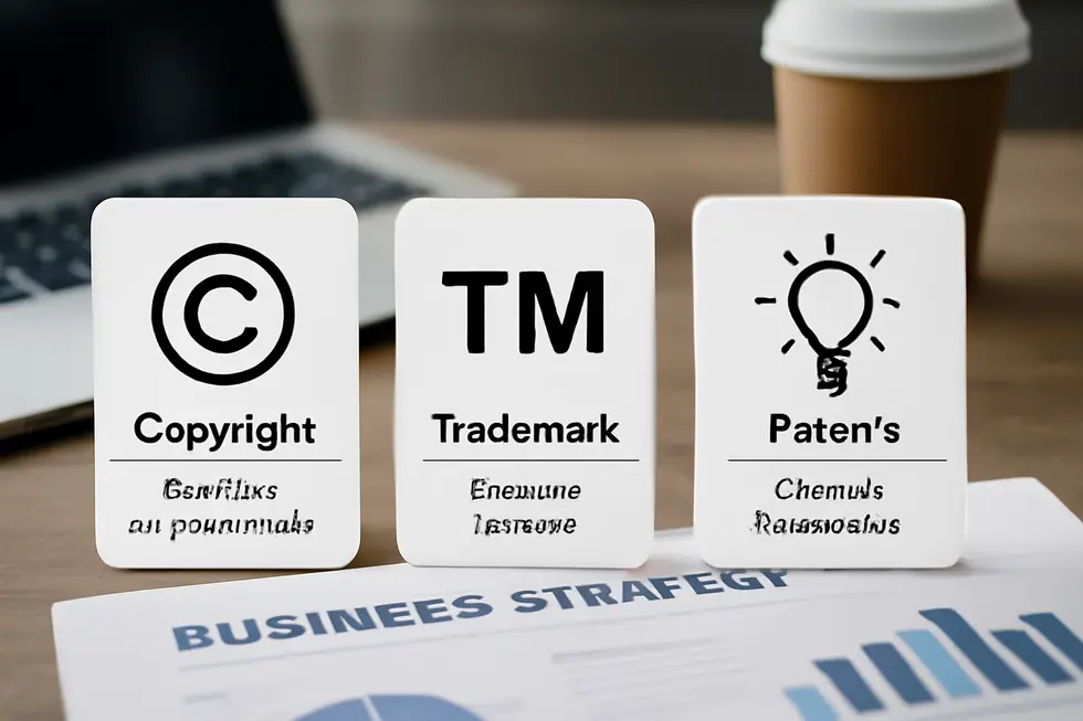 Business owner assessing copyrighted materials alongside legal documents in a professional setting.