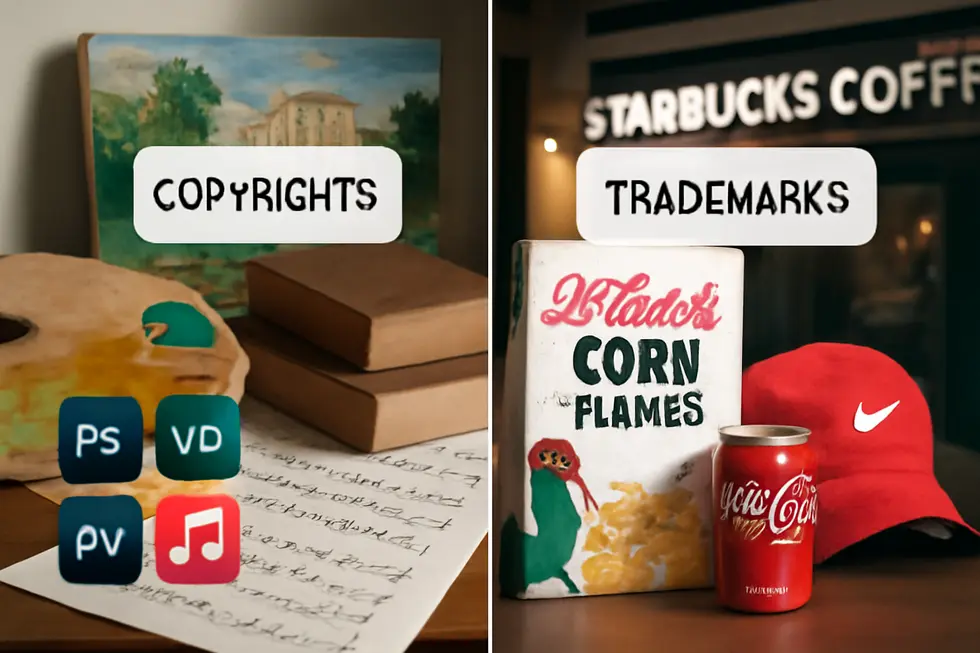 Visual depiction of copyrights and trademarks as key categories within intellectual property.