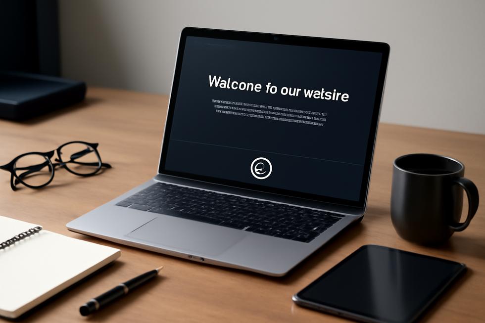 Business workspace with laptop showing website footer copyright text, office supplies arranged around.
