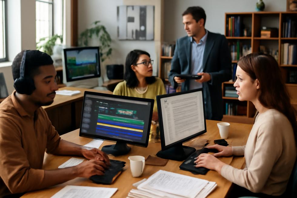 A busy office with computers showing images, text, music, and video software, representing diverse copyrighted works.