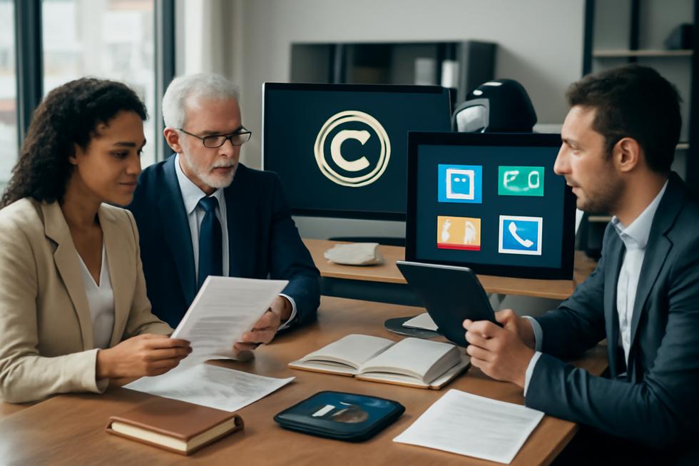 Business team reviewing creative content and copyright documents in an office environment.