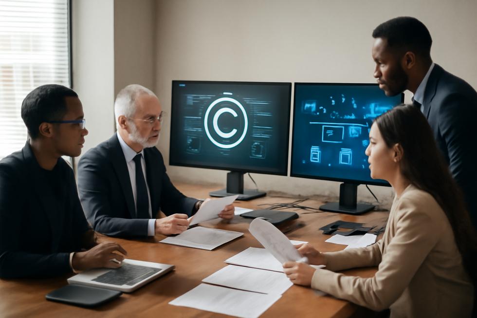 A team of business professionals reviewing copyright documents and digital media distribution plans in an office setting.