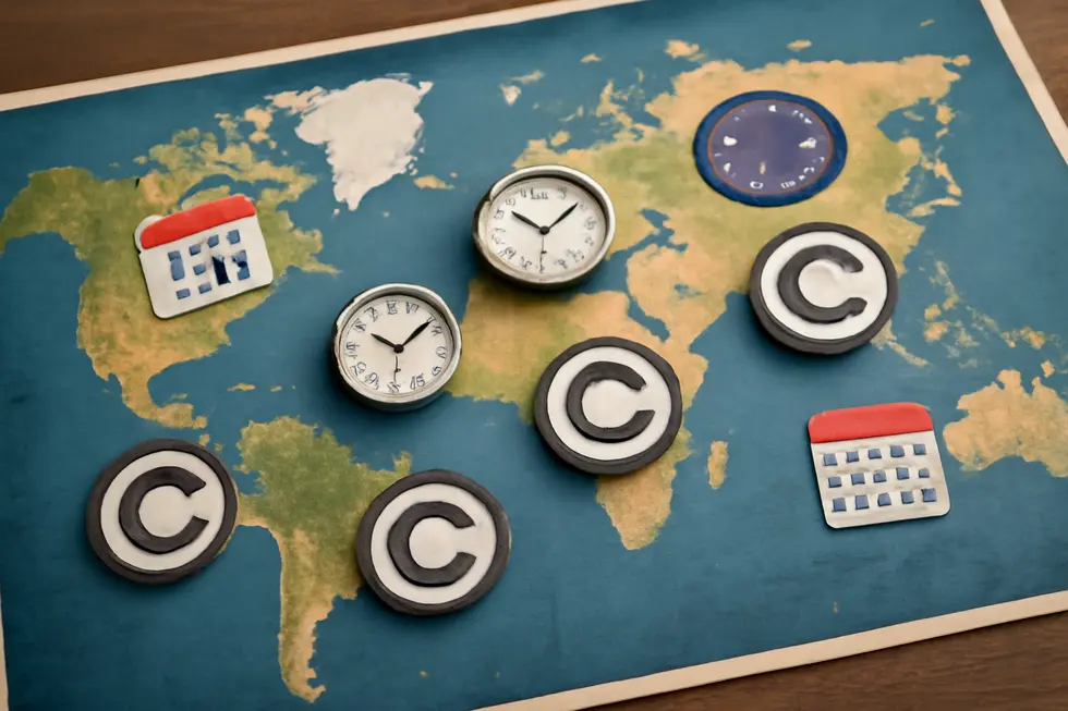 A world map illustrating the varying copyright duration standards and terms across key jurisdictions.