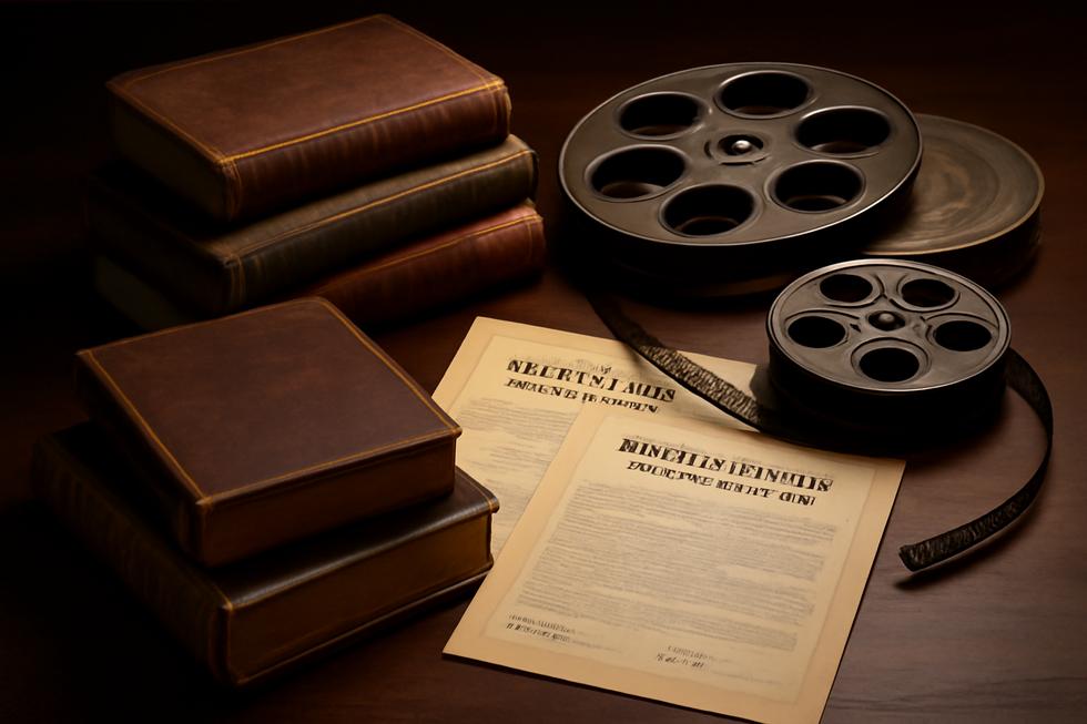 A detailed photo-realistic arrangement of historical books, film reels, and copyright documents representing copyright before 1978.