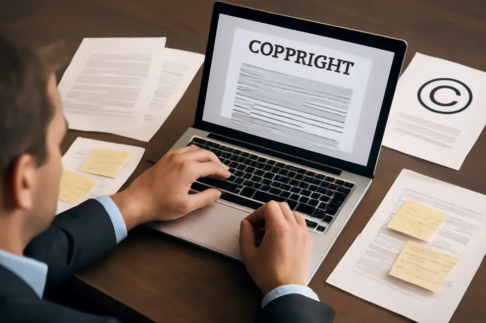 Business owner reviewing copyright notices and legal documents to protect creative assets.