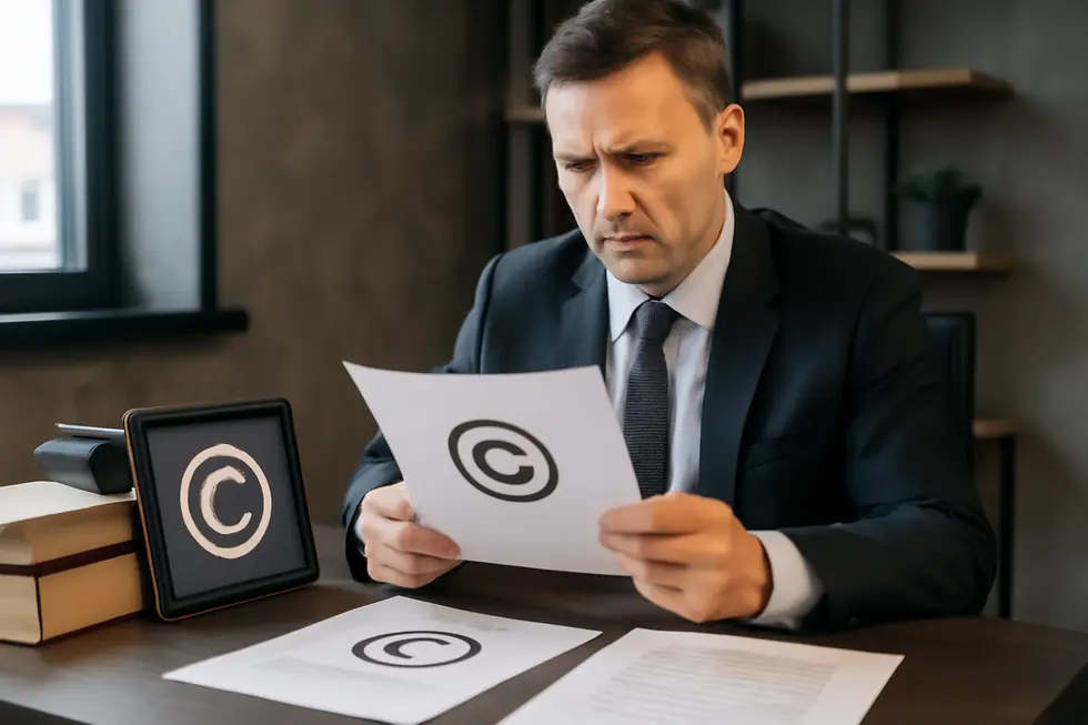 Business owner reviewing copyright notices and legal documents to protect creative assets.