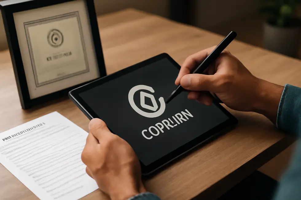 Business owner engaging in the trademark registration process to secure exclusive rights to their company name and logo.