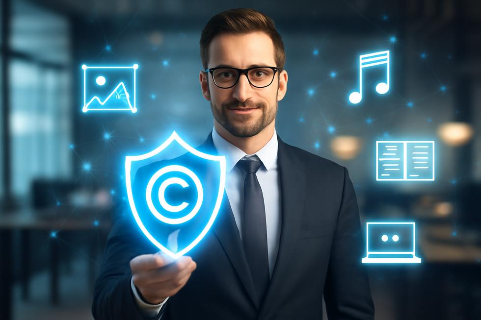 Business owner holding a glowing shield symbolizing copyright protection, surrounded by creative and digital innovation icons.