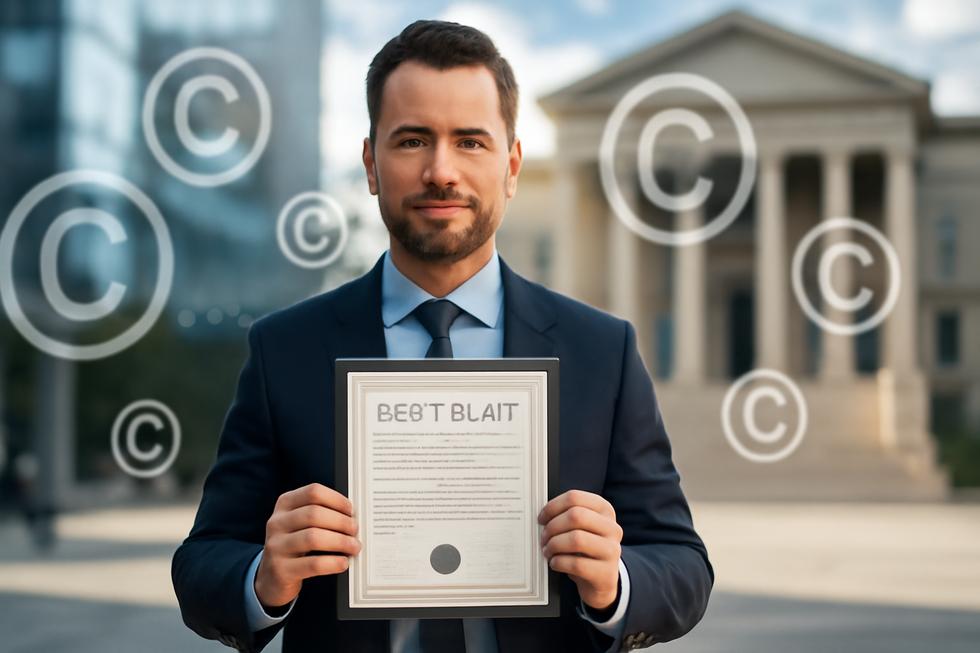 Photo-realistic image of a business owner holding official copyright certificate with digital copyright icons and courthouse background representing protection and enforcement.