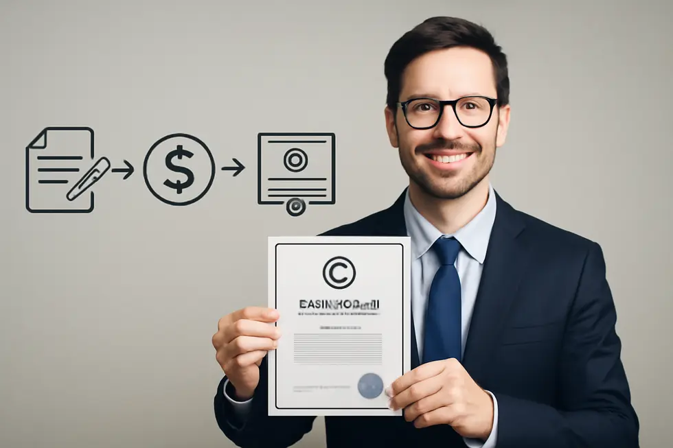 Business owner reviewing creative work with digital copyright symbols illustrating automatic protection.