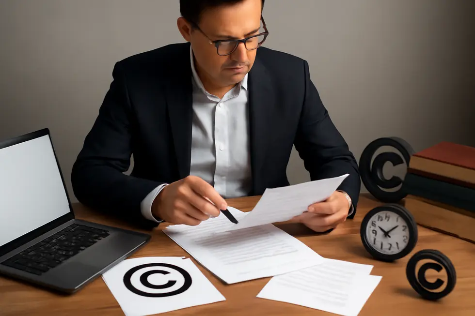 Illustration of a business owner evaluating the legal scope and timeline of copyright protection.