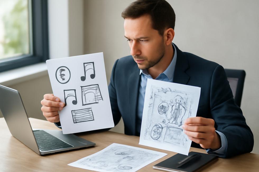 Business professional reviewing documents with overlay of copyright symbols and patent blueprints on desk.
