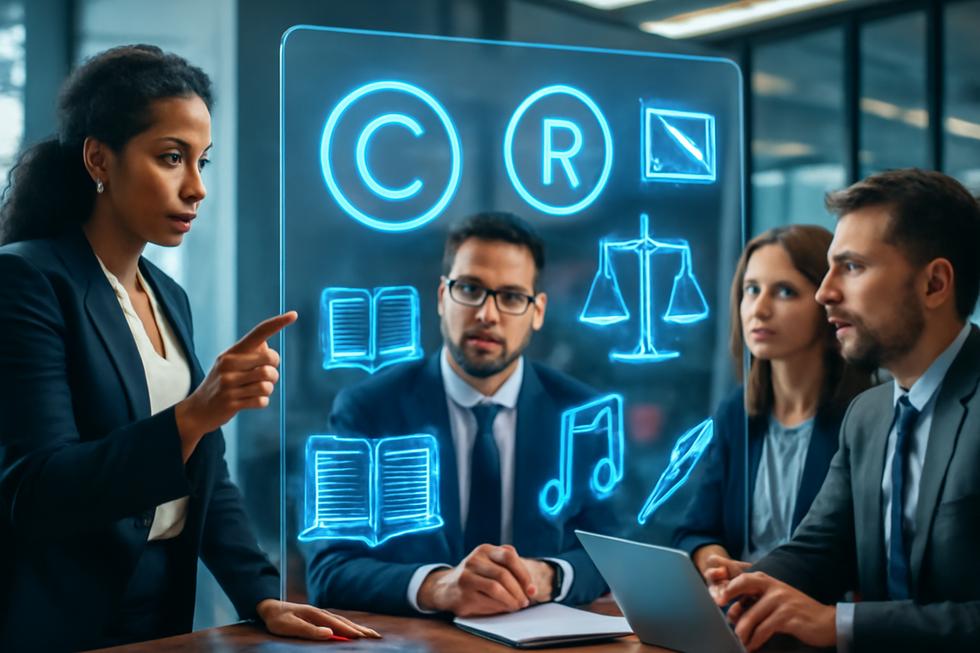Business team interacting with a digital screen showing copyright symbols, creative work icons, and legal imagery symbolizing intellectual property protection.