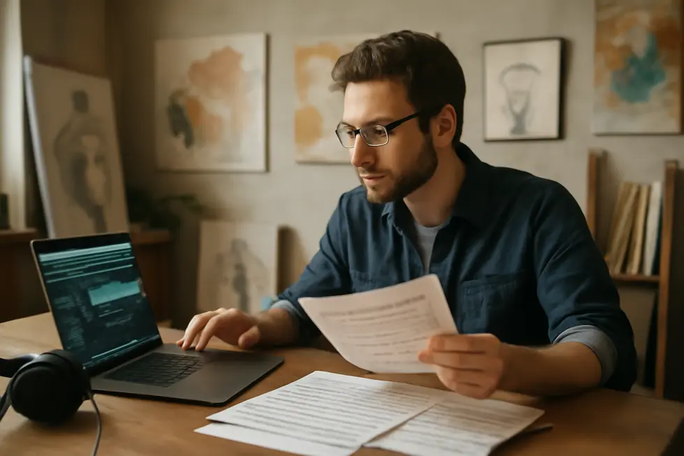 An inventor showcasing a new invention while referencing patent documentation, highlighting the importance of patents in protecting innovations.