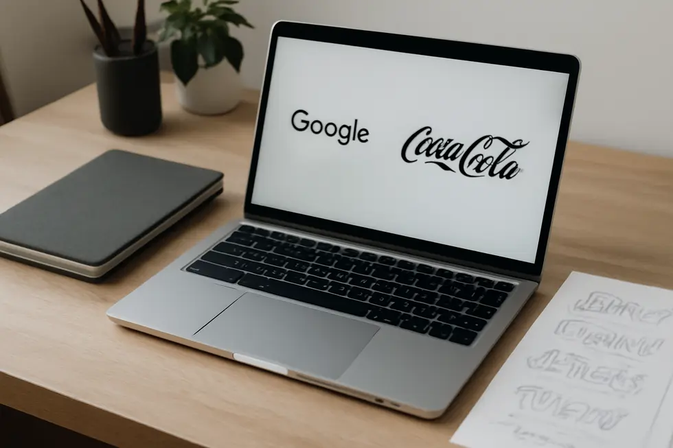A workspace illustrating iconic wordmark logos and the foundational concept of text-based brand identity.