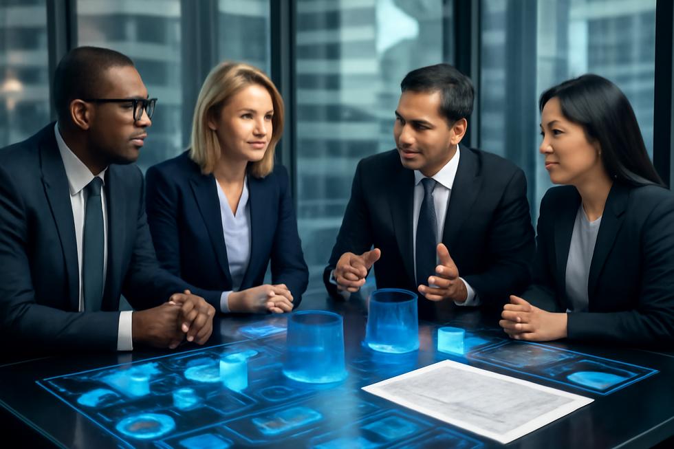 Corporate executives in a modern conference room surrounded by digital maps and holographic data symbolizing Corporate Co’s strategic operations.