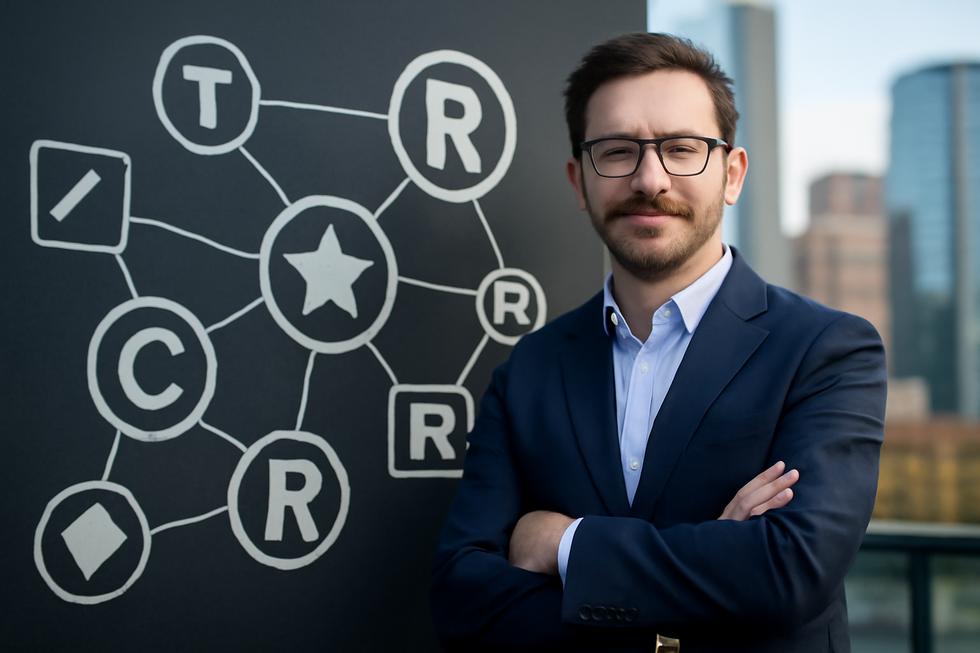 Business owner with a backdrop of interconnected trademarks and logos illustrating key common law trademark infringement elements.
