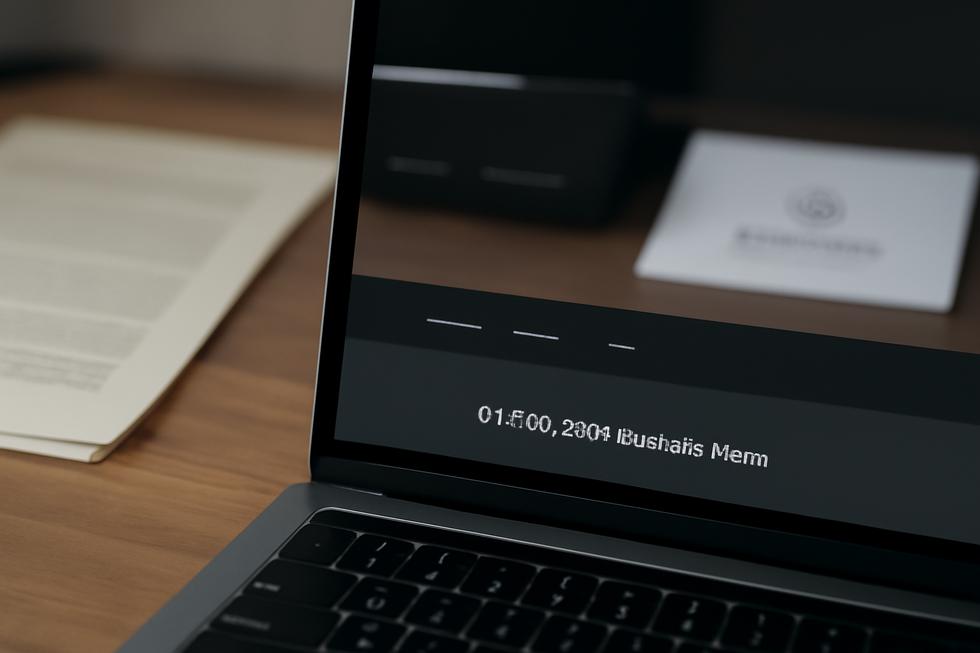 Laptop screen showing website footer with copyright line; legal and business elements in soft focus background.