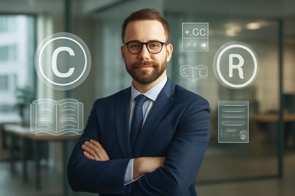 Business owner in office with floating copyright and trademark symbols and digital icons representing intellectual property.