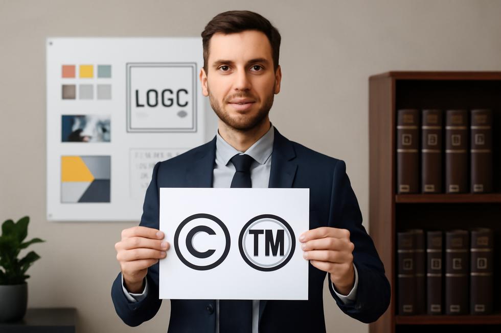 Business professional holding a copyright and trademark document in an office with branding and creative work elements.