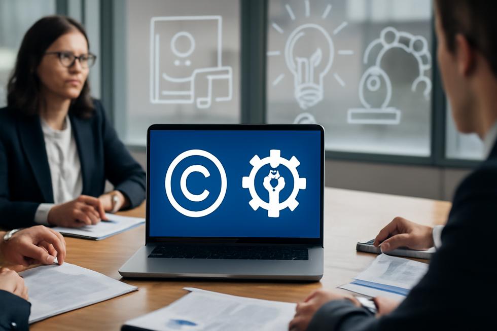 A corporate meeting setting with digital icons of copyright and patent alongside representations of creative and innovative works.